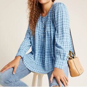 Roller Rabbit Anthropologie Blue Rakella Blouse Long Sleeve Oversize Fit Size L